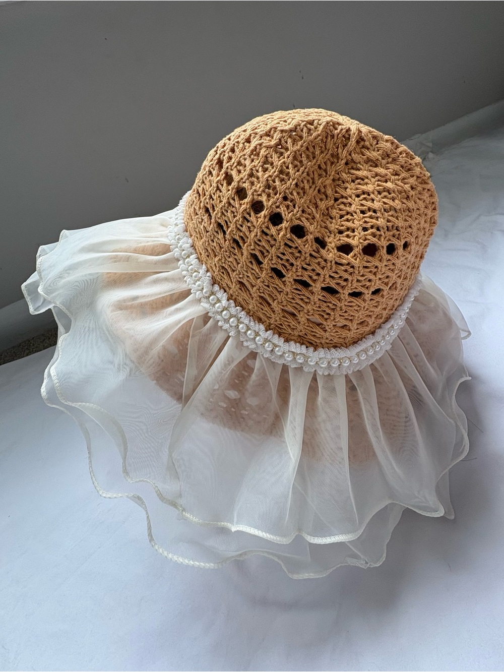 New Crochet Sun Hat Pearl Trim Sheer Organza Ruffle Boho Coquette